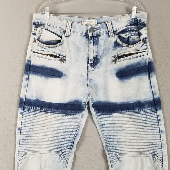 Blue Cult Jeans Mens 34 White Indigo Moto Distressed Biker Denim Zipper Pockets - Picture 2 of 16